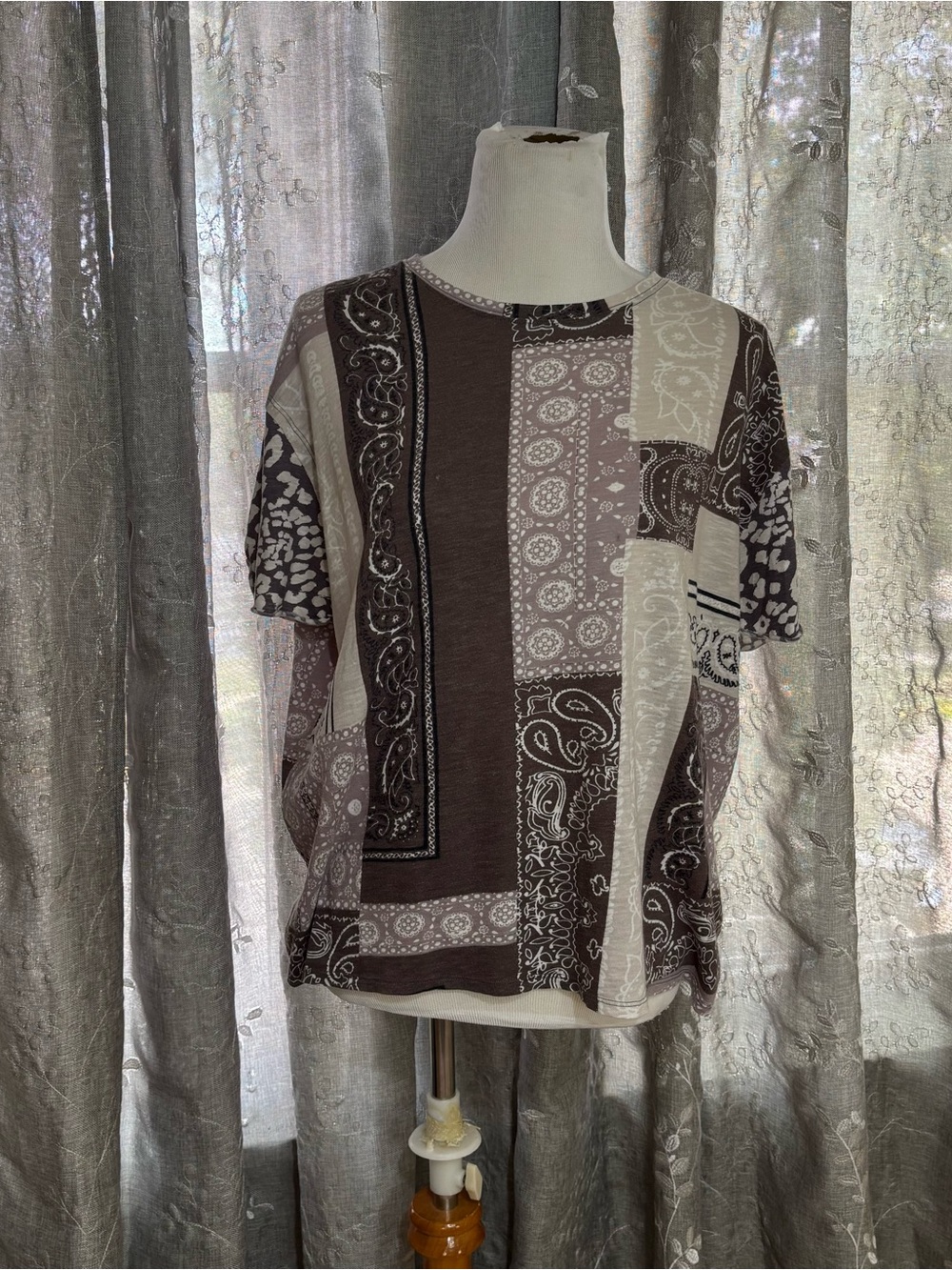 We The Free Brown and Cream Patchwork Bandana Print Short Sleeve Tee